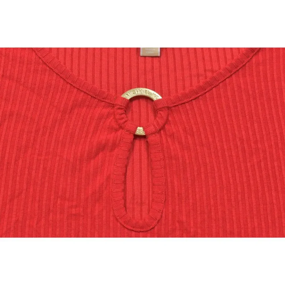 Michael Kors XL Red Ribbed Knit Short Sleeve Ruffle Hem Keyhole Sheath Dress